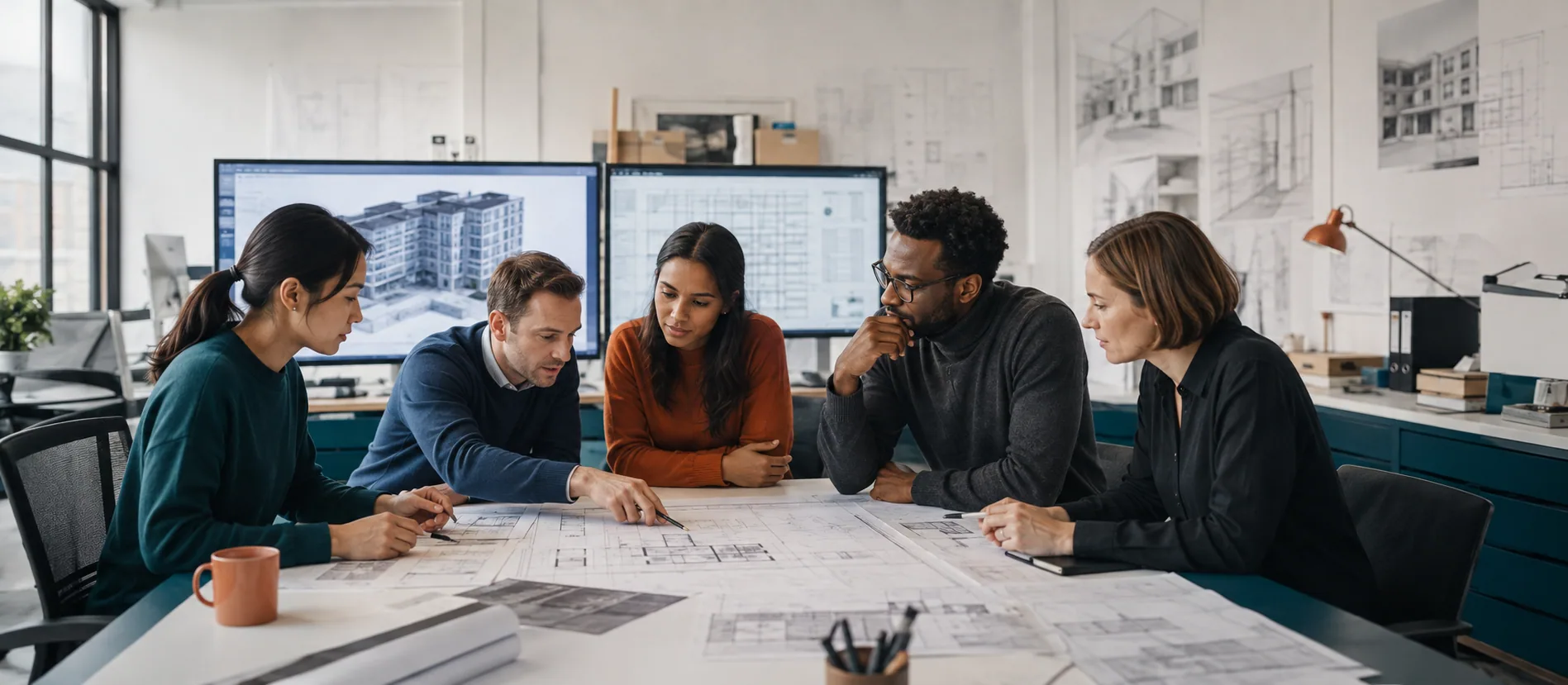 Illustrative AEC team reviewing architectural drawings together in a design studio.