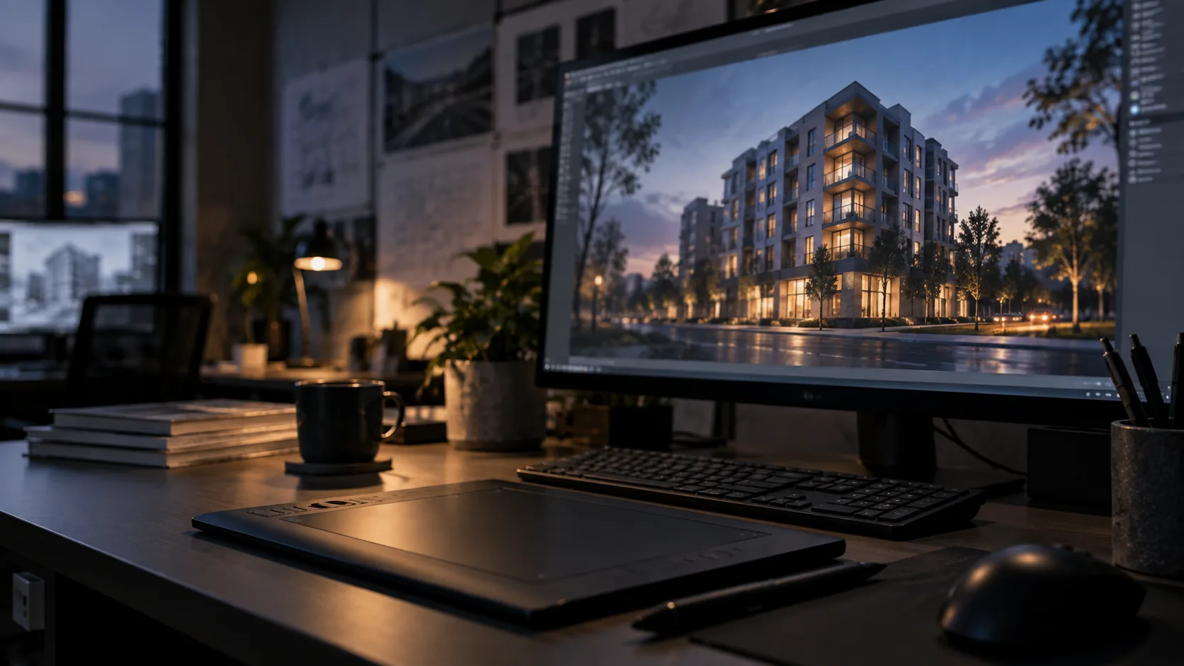 Photorealistic exterior rendering of a mid-rise mixed-use building at dusk