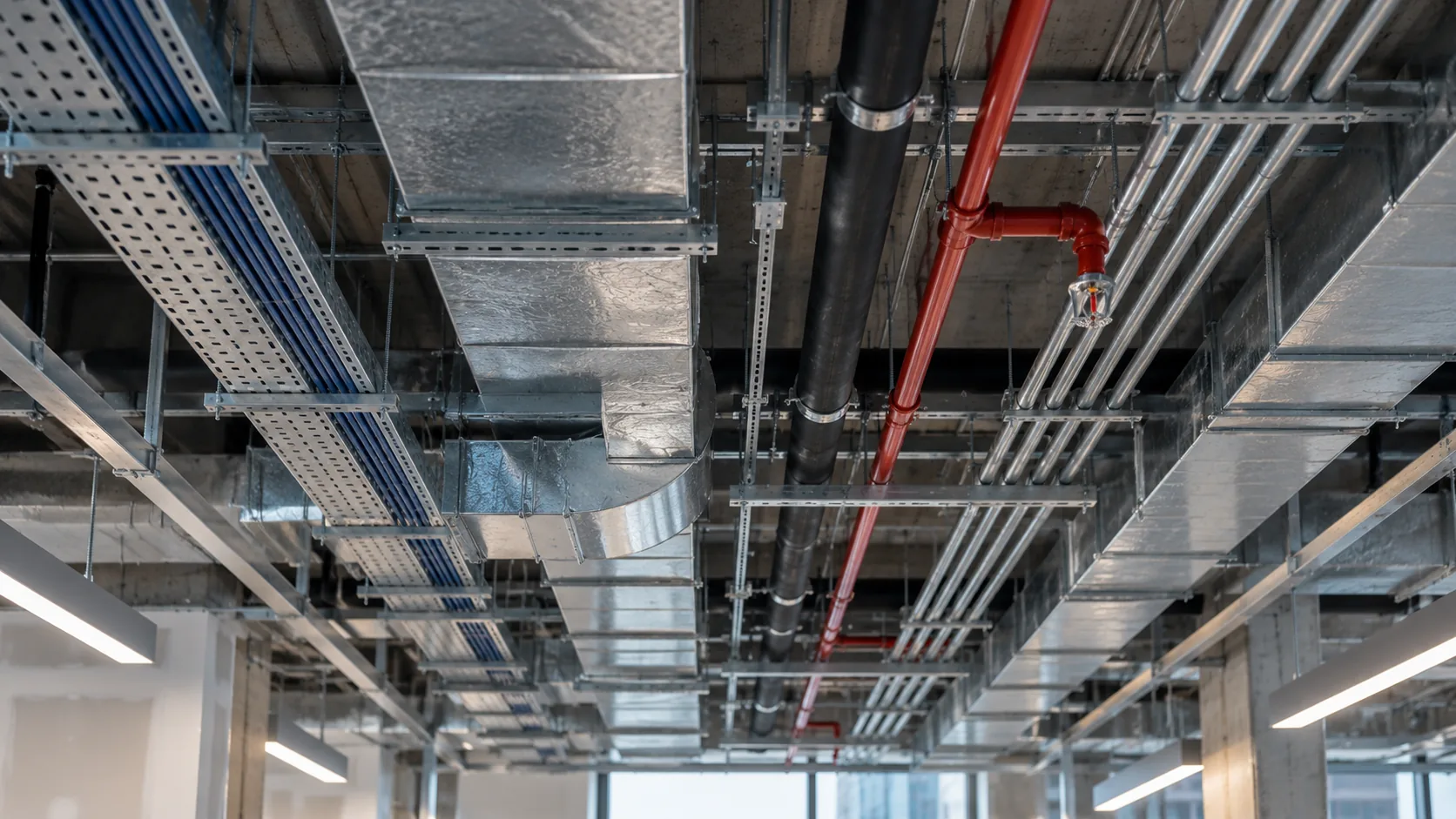 Coordinated MEP model above a ceiling showing duct, pipe, tray and sprinkler routing