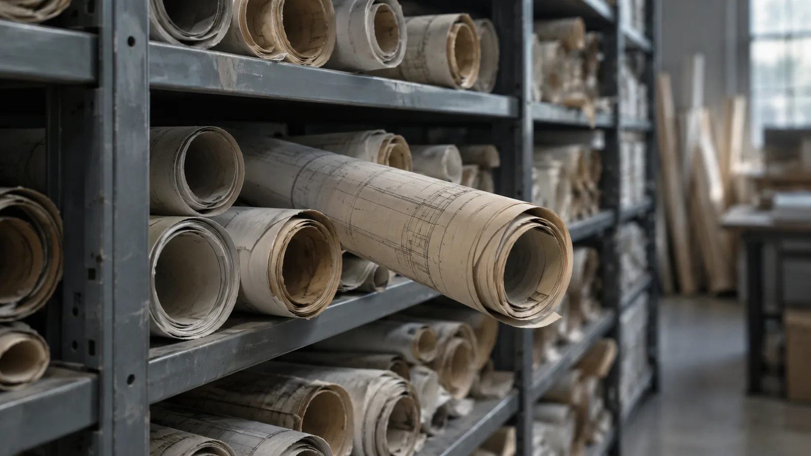 Rolled paper drawing archive beside a digital drawing register on screen