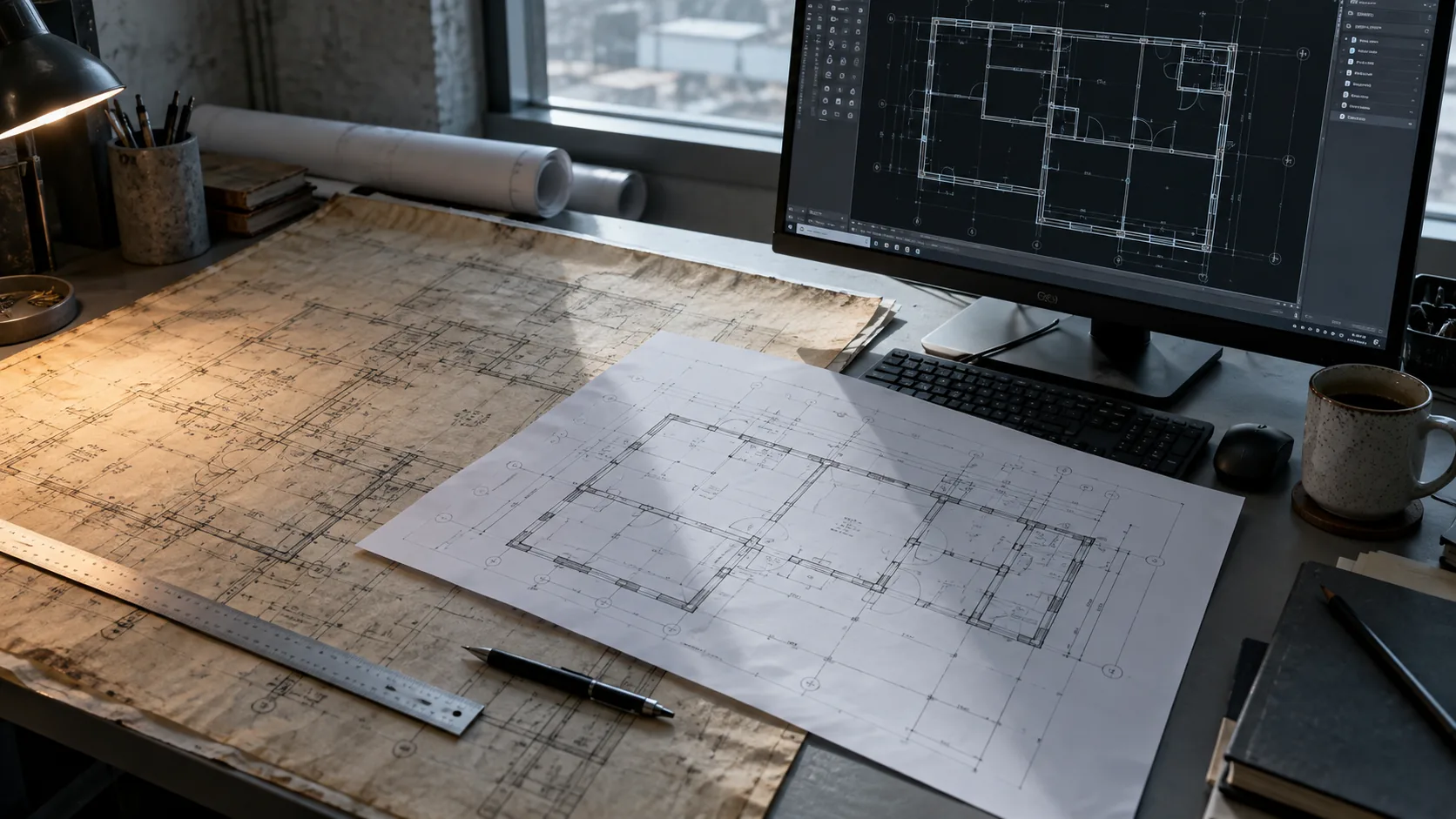 Scanned architectural PDF beside a redrawn layered DWG file