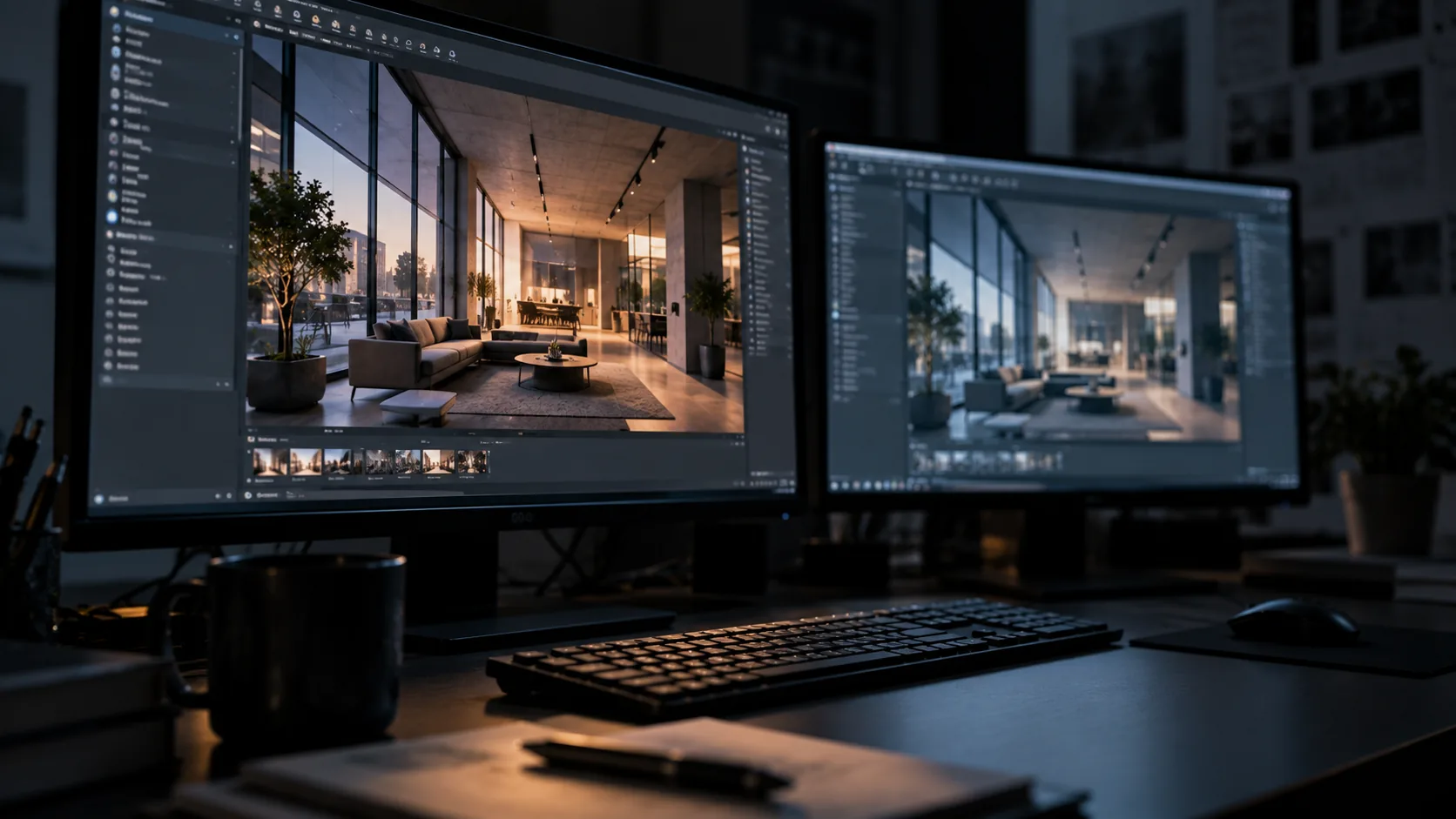 Real-time architectural walkthrough scene displayed alongside a ray-traced still image