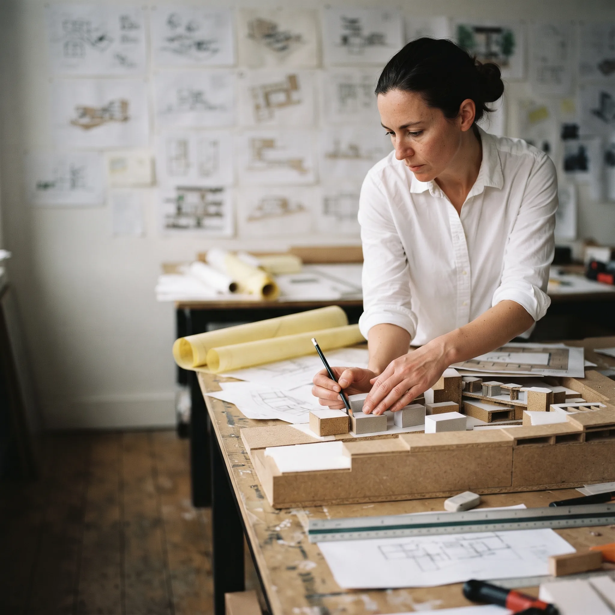 Architect reviewing design drawings and an architectural model in a studio