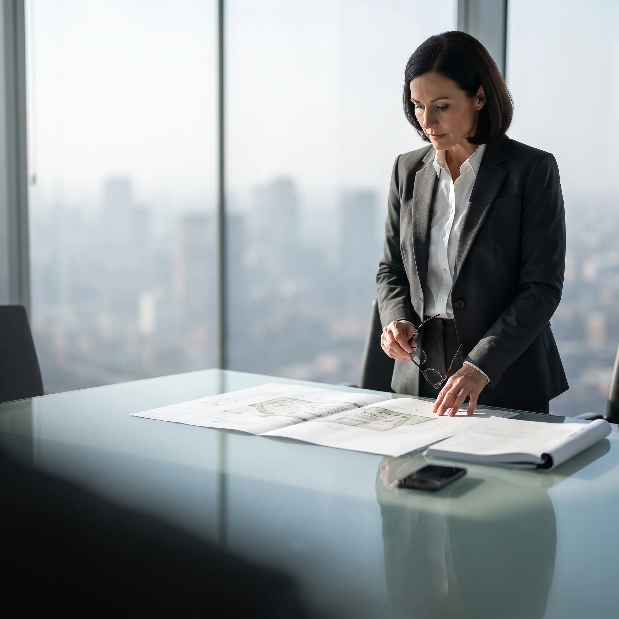 Developer reviewing architectural plans in an office