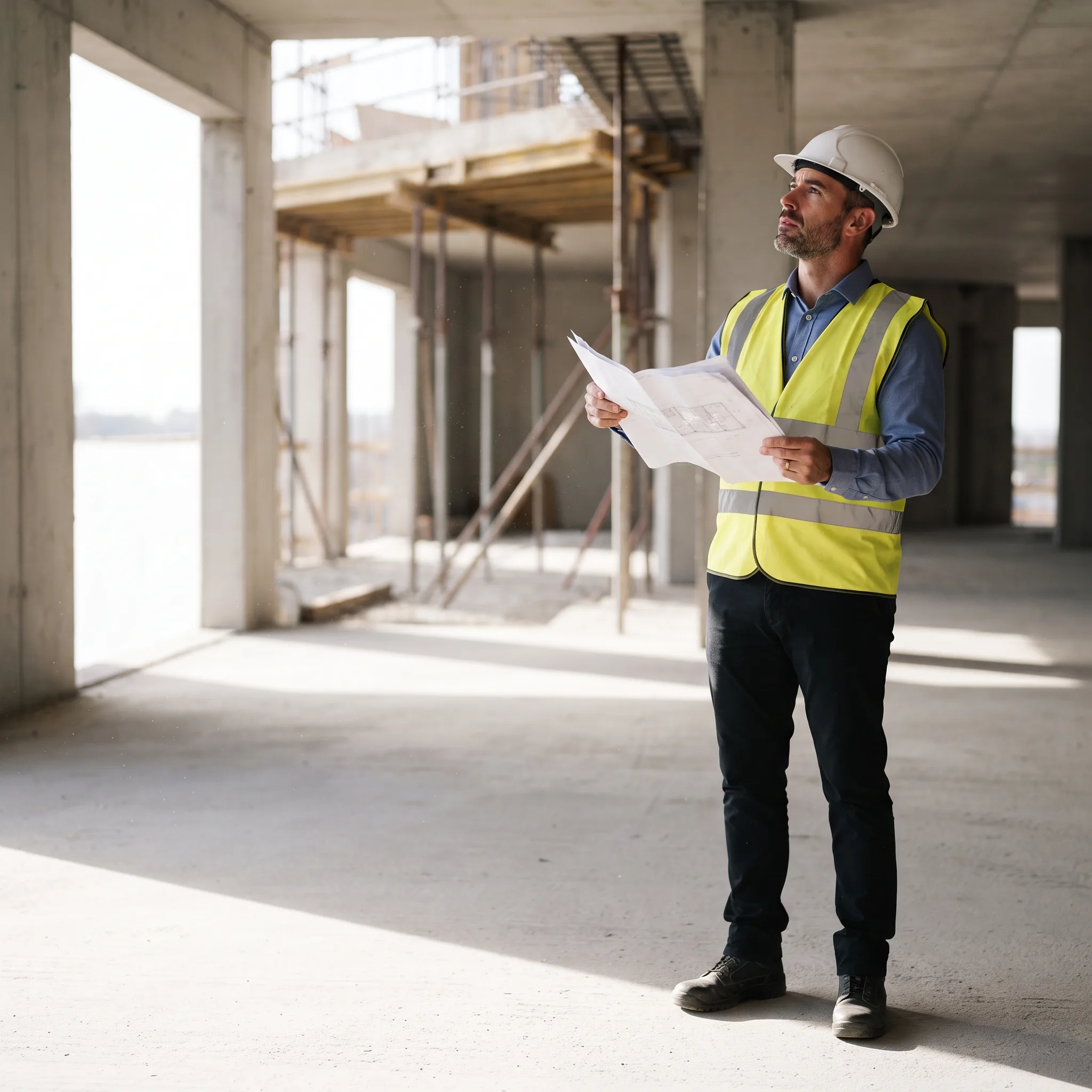 General contractor reviewing plans inside a building under construction