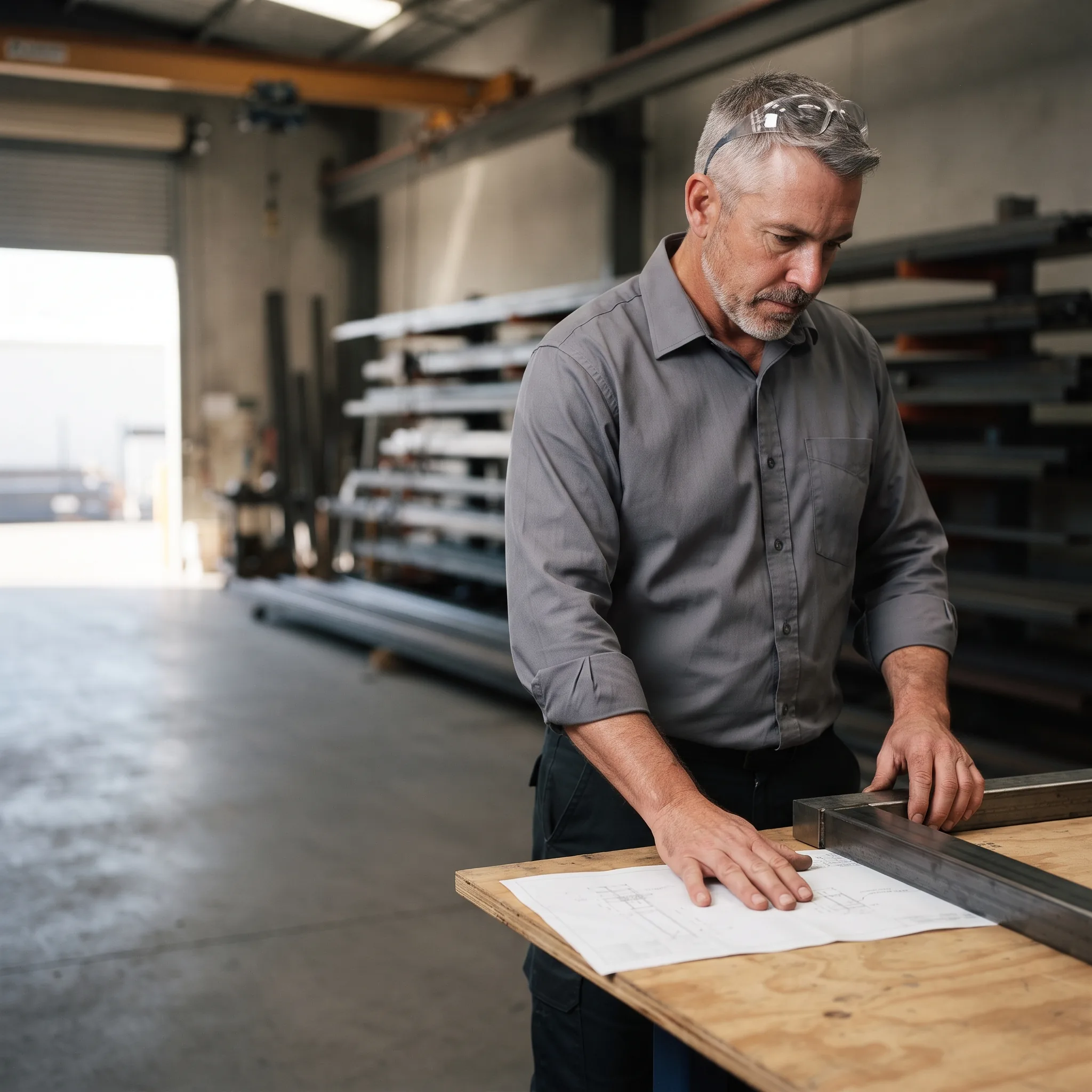 Steel fabricator reviewing production drawings in a workshop