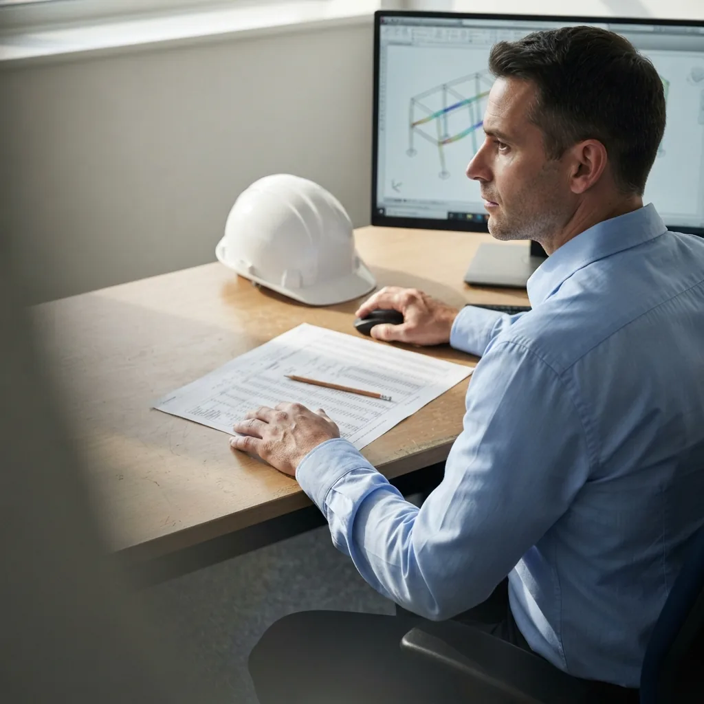 Structural engineer reviewing technical drawings at a desk