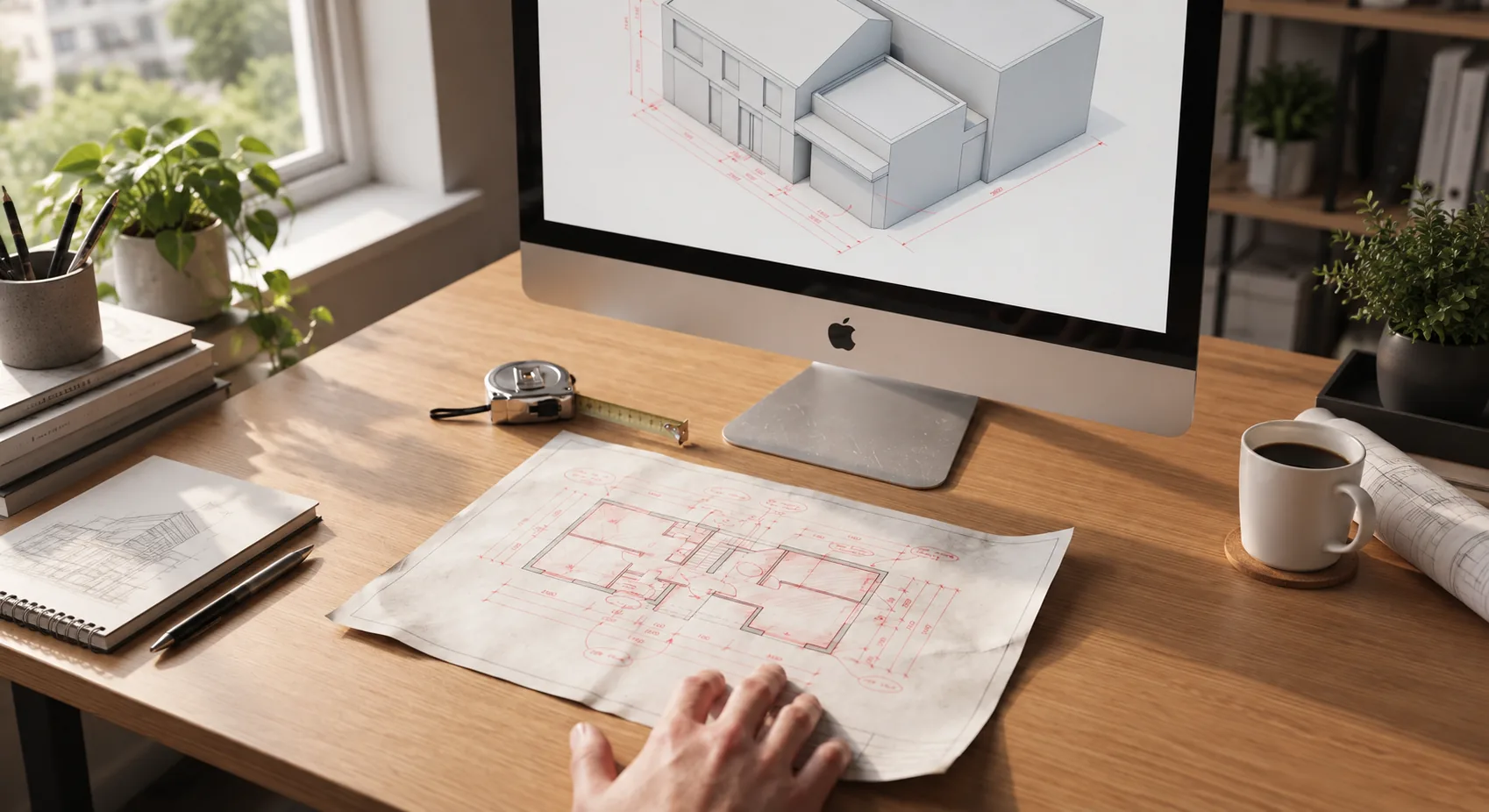 As-built record model being coordinated with marked-up drawings.