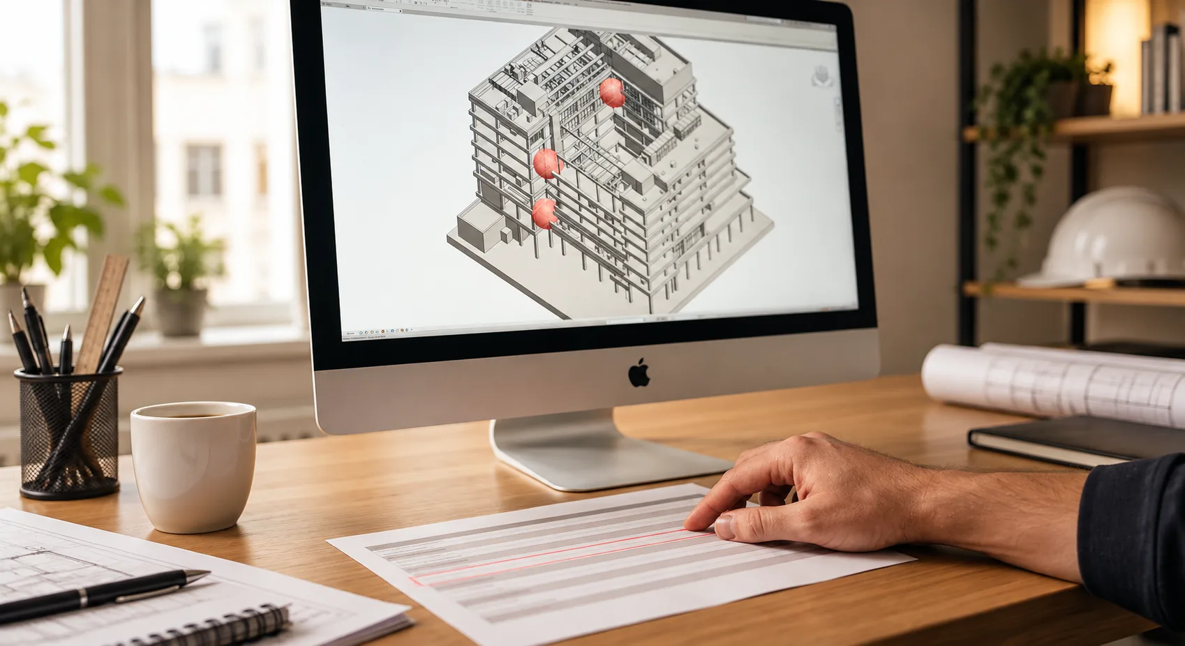 Clash locations highlighted within a coordinated building model.