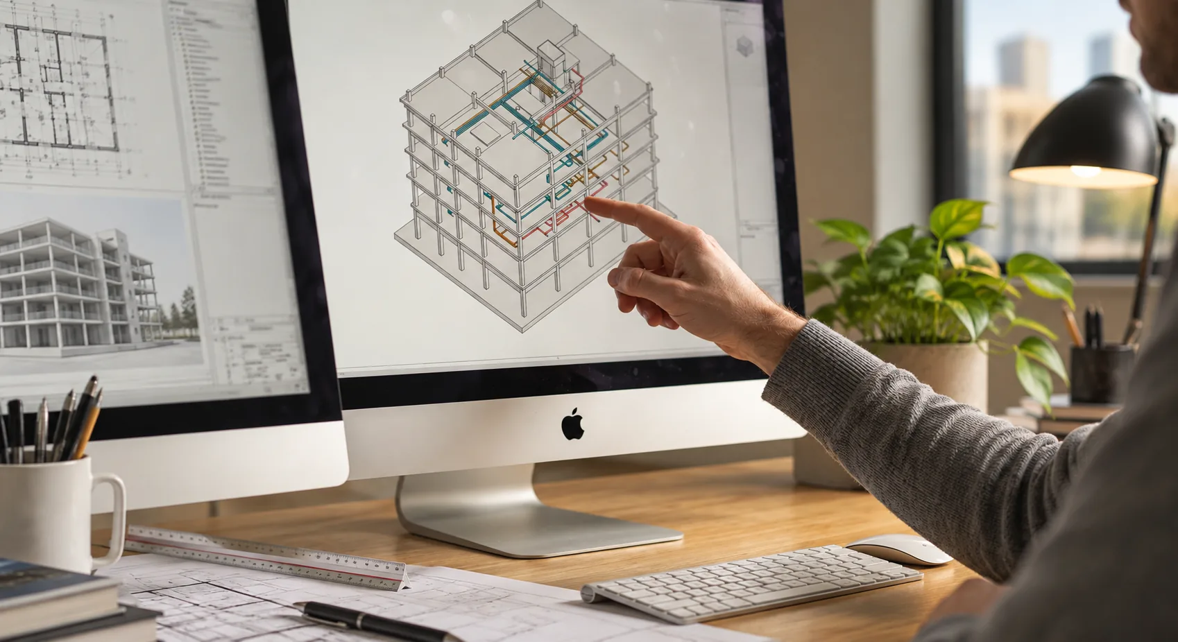 Revit building model being reviewed on a desktop workstation.