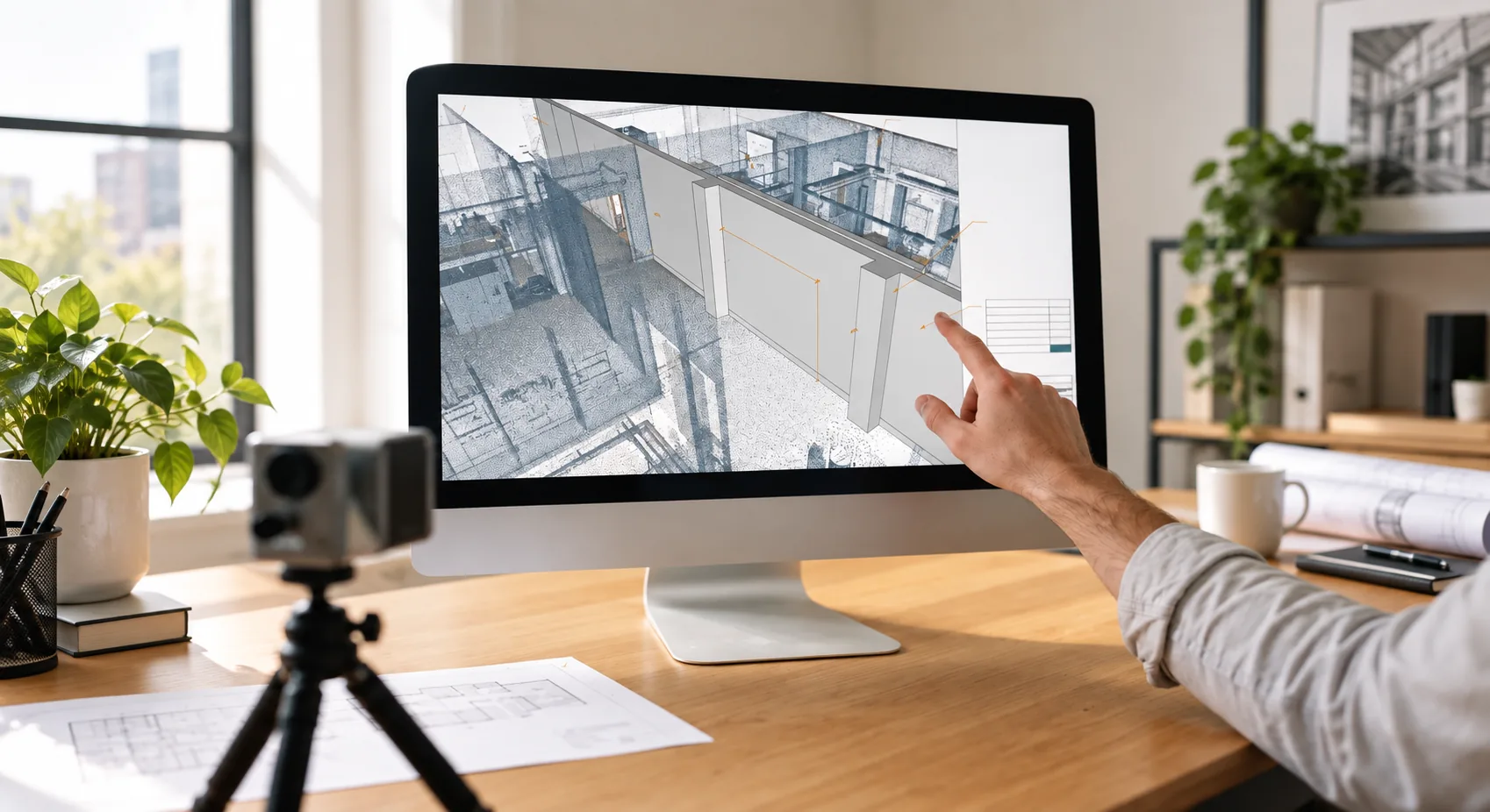 Point-cloud and building model data being reviewed on screen.