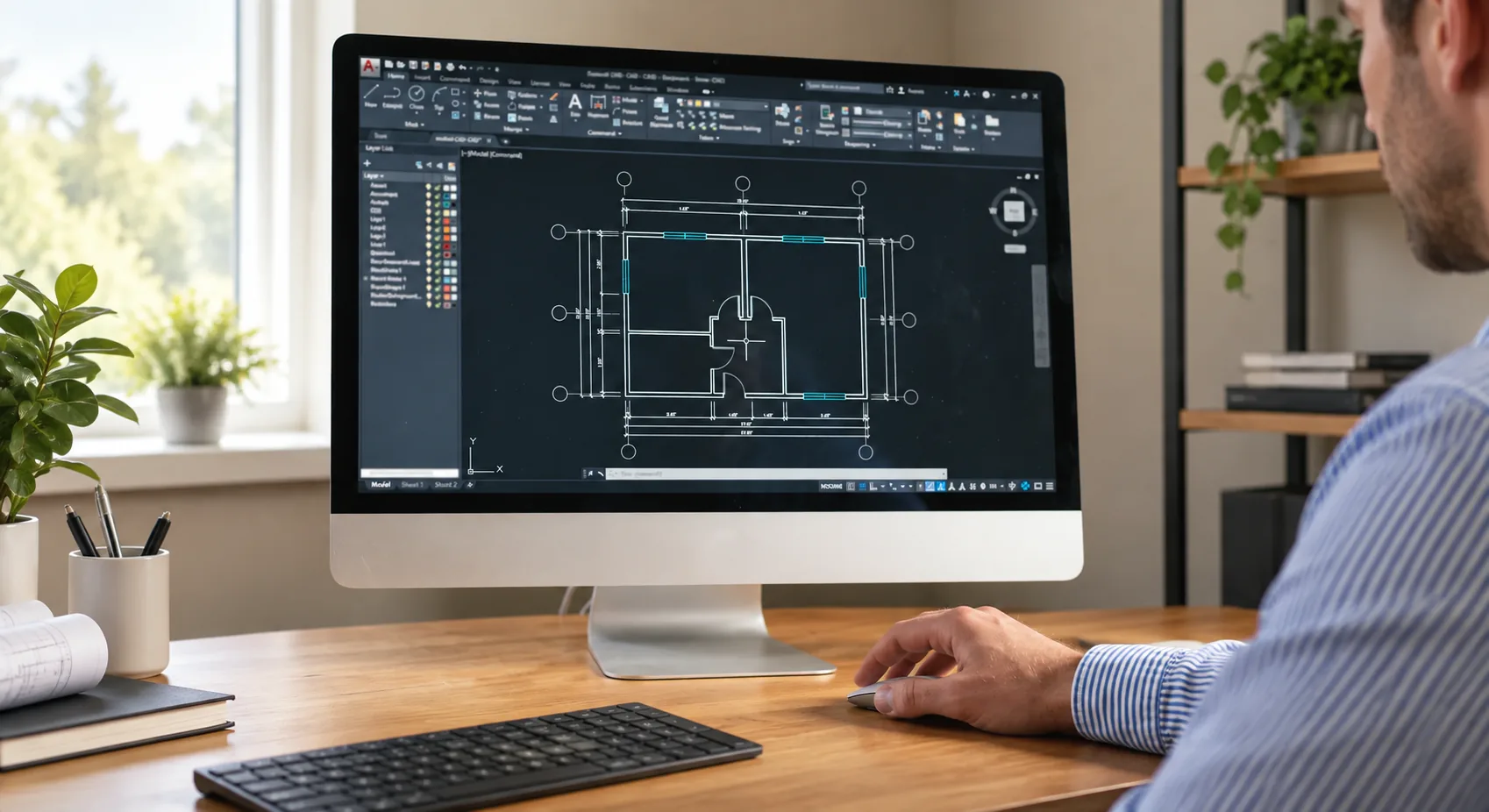 Architectural CAD drawings being reviewed at a desktop workstation.
