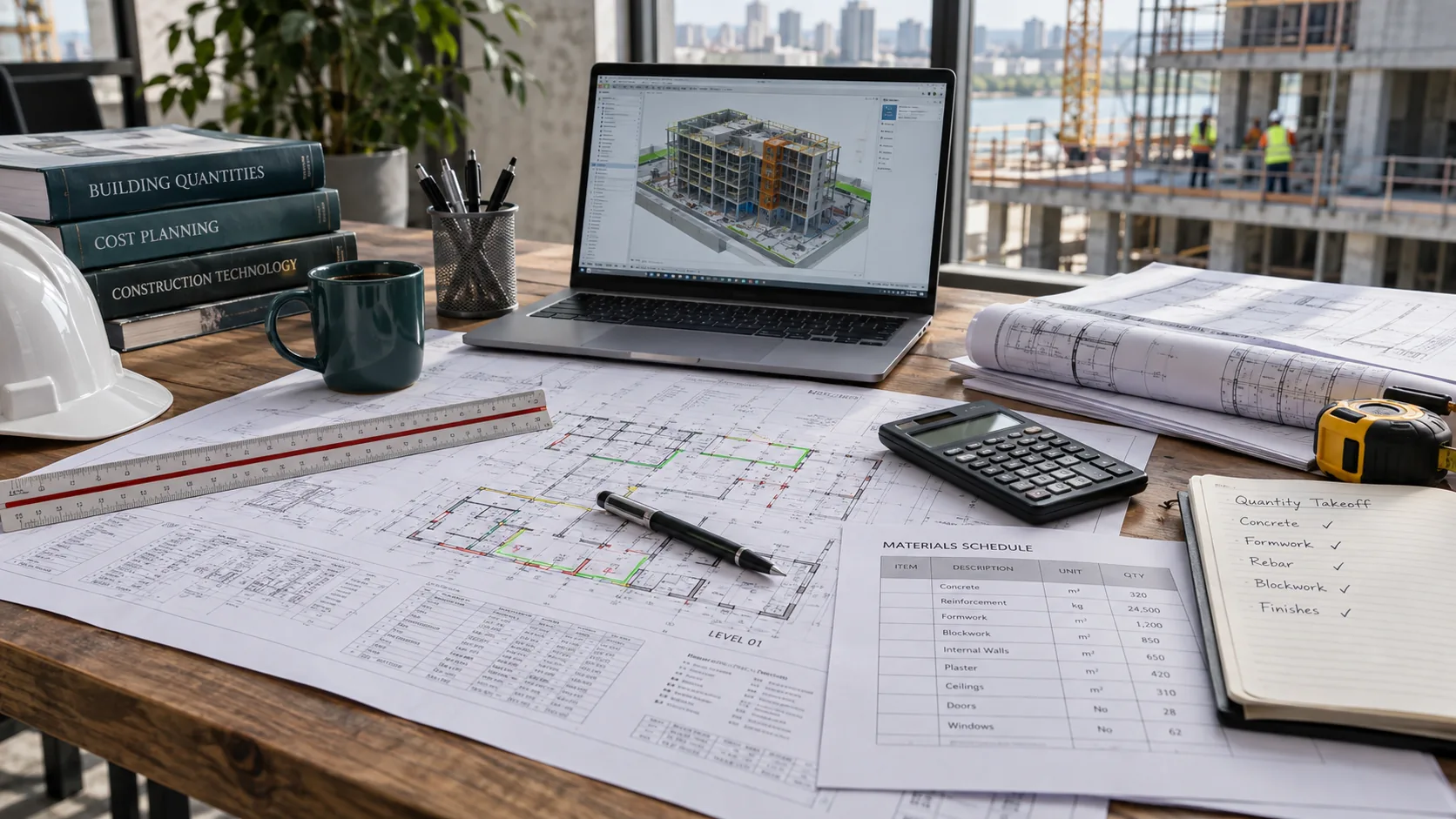Estimator reviewing construction plans and quantity takeoffs beside a digital building model.