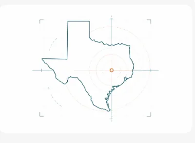 Technical outline map of Texas marking Austin as the headquarters of Vantage CAD Services.